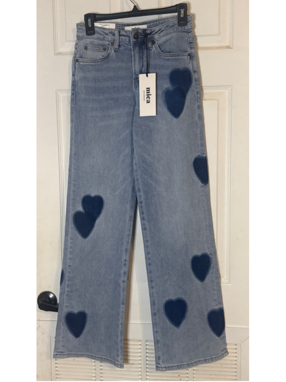 Mica Denim Light Blue Wide Leg Jeans with Navy Hearts, Size 24